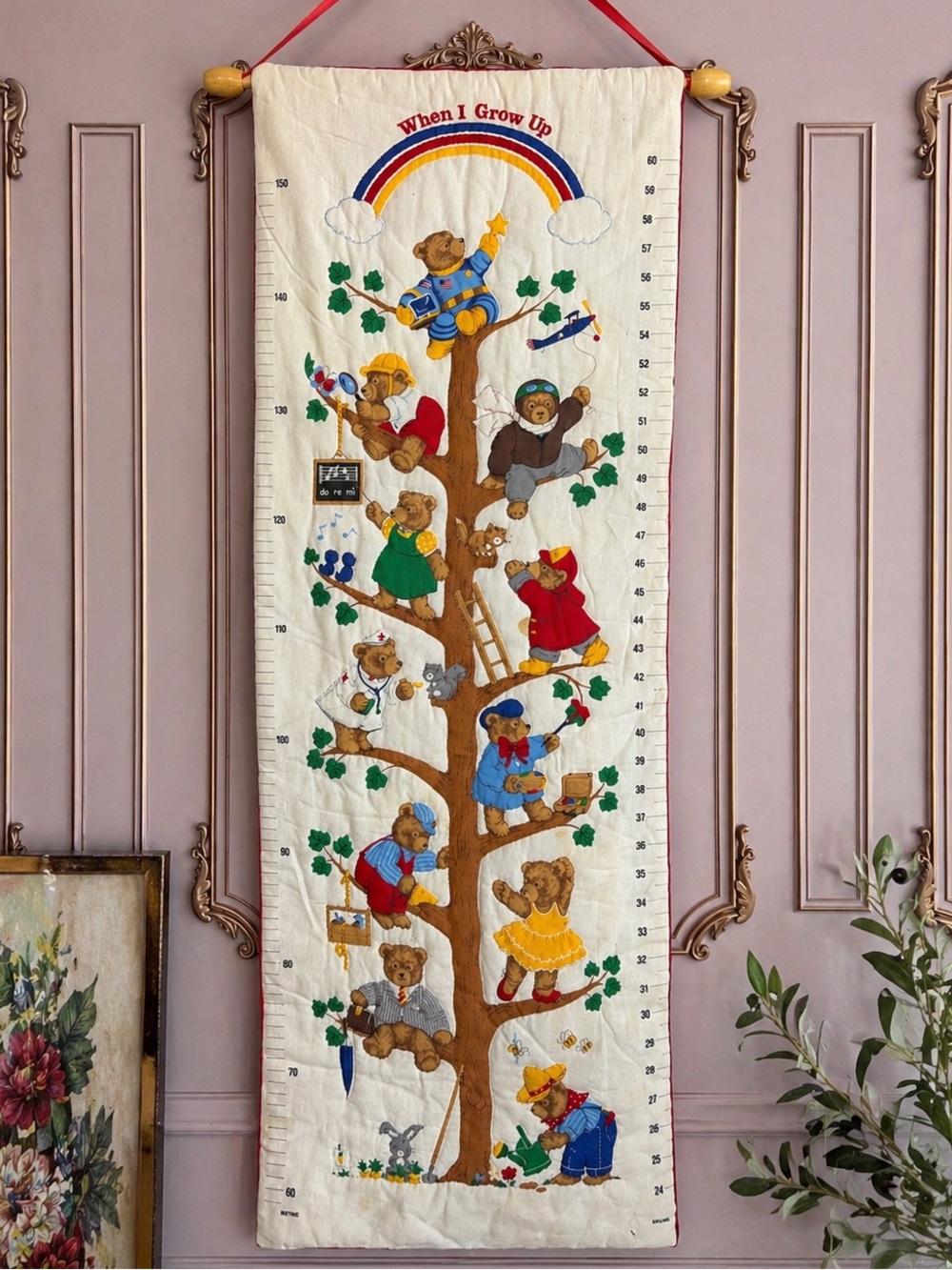 Vintage Teddy Bear Growth Chart Wall Hanging Kids Height Chart Decor